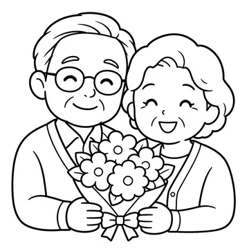 花束を持つ祖父母のぬりえ