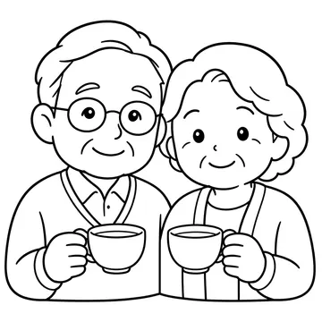 カップを持つ祖父母のぬりえ