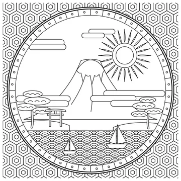 丸窓の富士山と海のぬりえ