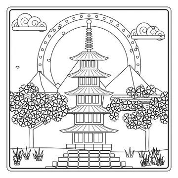 五重塔と桜のぬりえ