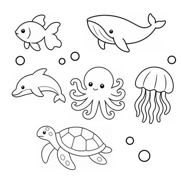 海のいきものセットのぬりえ