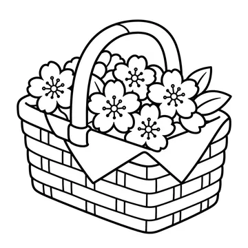 お花見バスケットのぬりえ