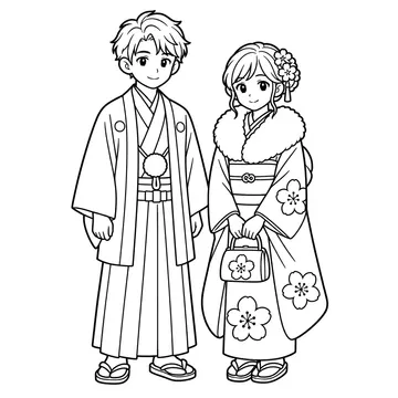 晴れ着の二人のぬりえ