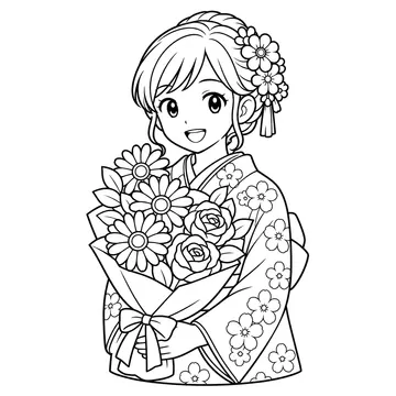 花束を持つ成人のぬりえ