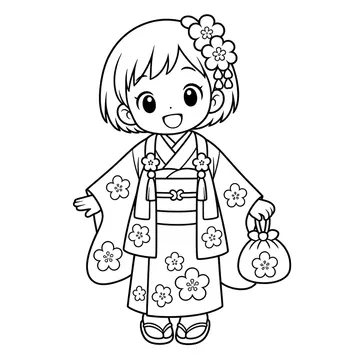 桃色着物の子どものぬりえ