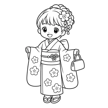 紫の着物の女の子のぬりえ
