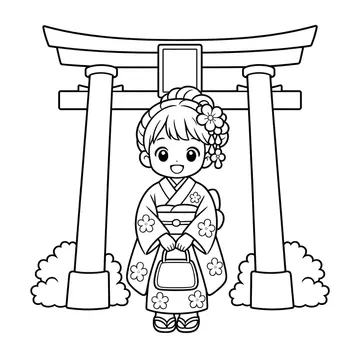 鳥居と子どものぬりえ