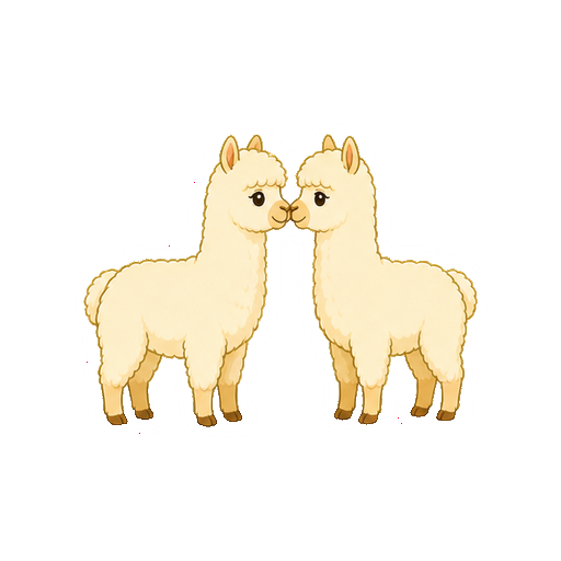 向かい合って鼻先を触れ合わせるアルパカ2頭の全身イラスト