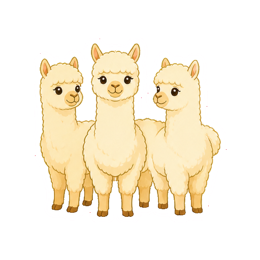 3頭で肩を寄せて並ぶアルパカの全身イラスト
