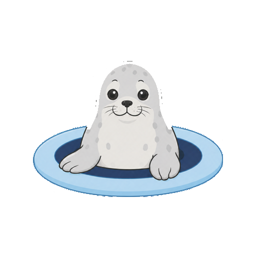 丸い氷の穴から顔と前びれを出すアザラシのイラスト