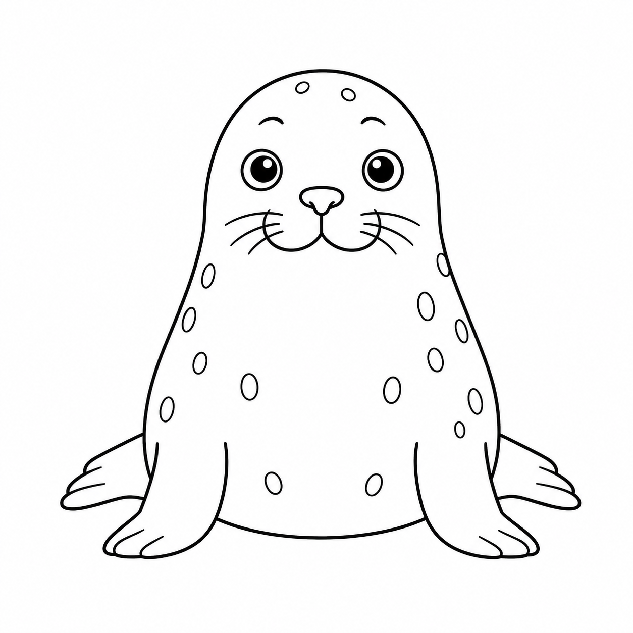 正面を向いて上体を起こすアザラシのぬりえ用線画（アザラシのイラスト・ぬり絵16枚）