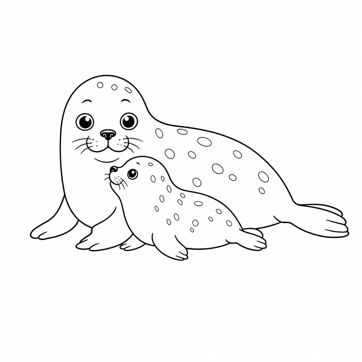 親子で寄り添うアザラシのぬり絵用線画