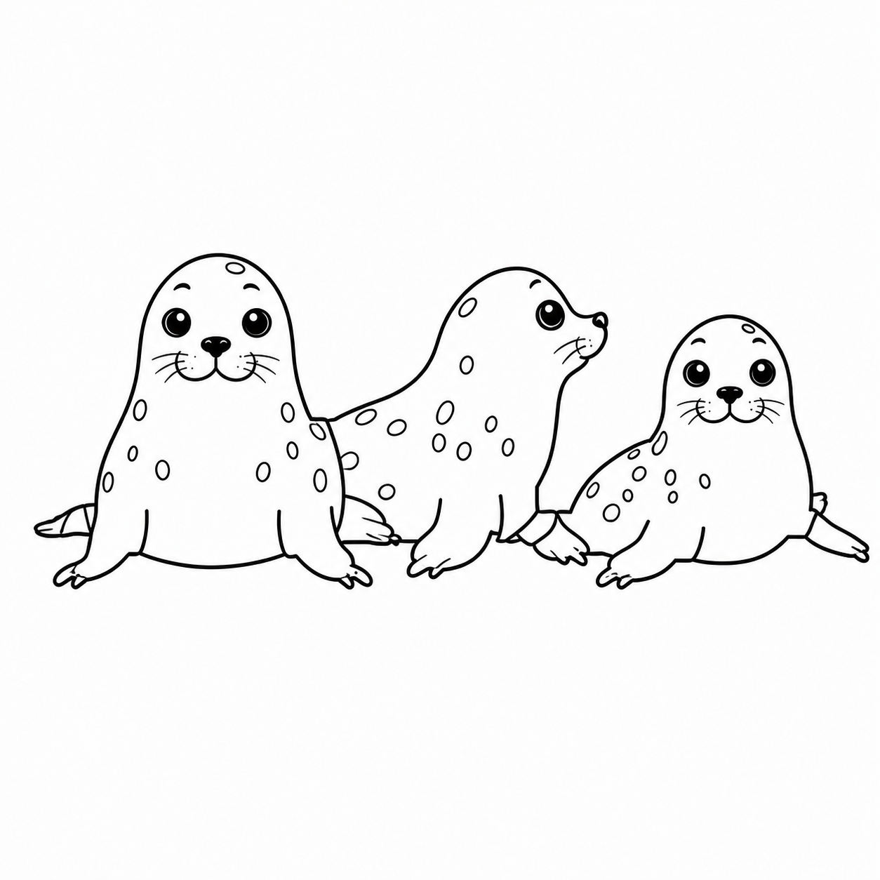 3頭で並ぶアザラシのぬりえ用線画