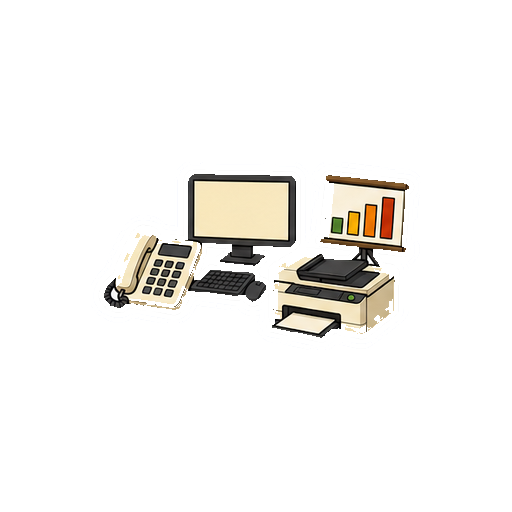 文字や数字がないPC、電話、グラフ、プリンターのオフィス業務セットアイコン