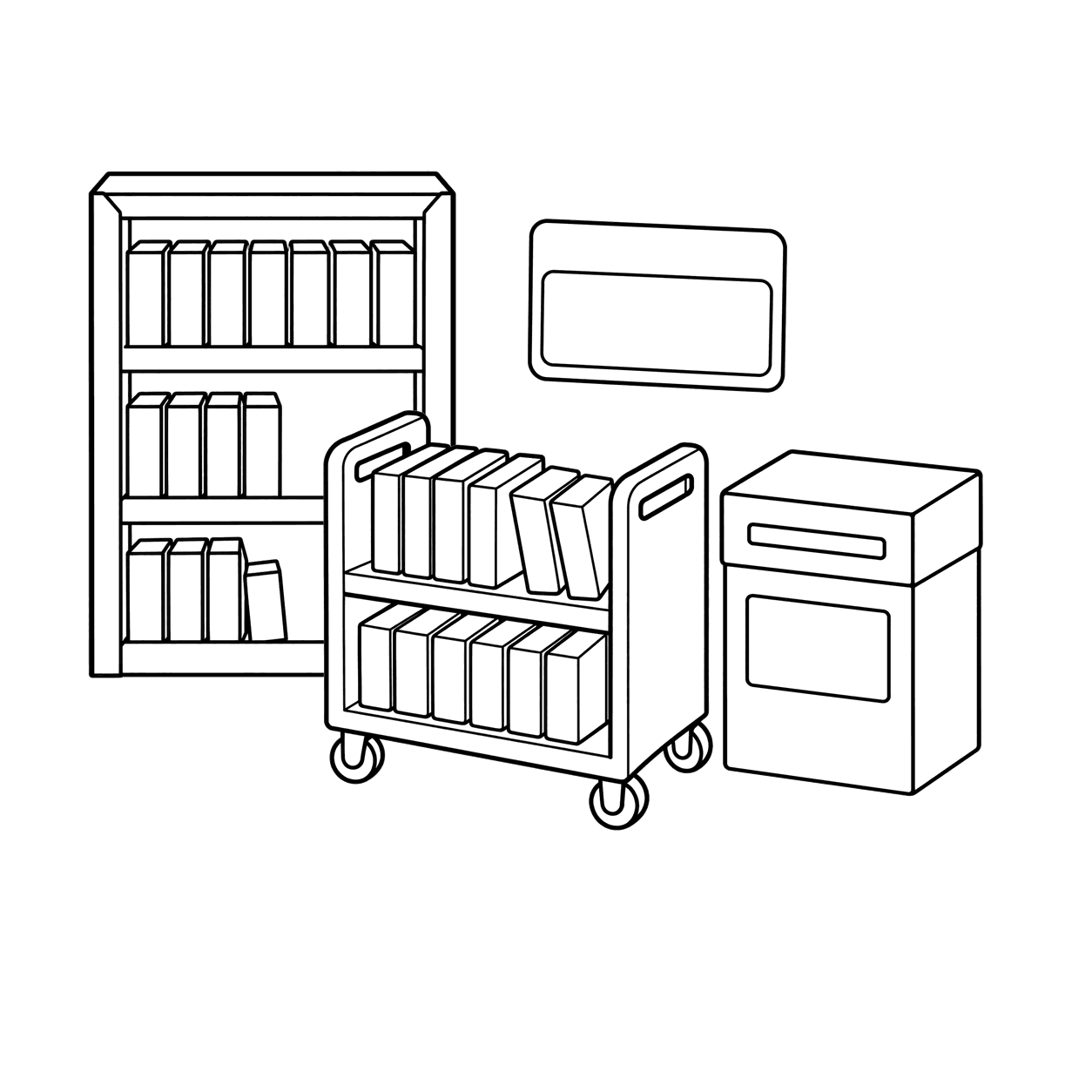 図書館の道具セットのぬり絵用線画