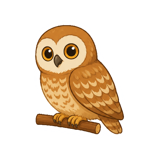 斜め向きで枝にとまるフクロウの全身イラスト