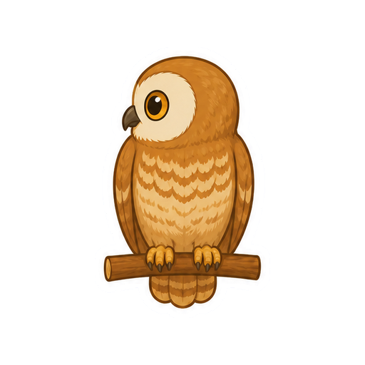 体を正面に向けたまま首を横へ大きく回すフクロウの全身イラスト
