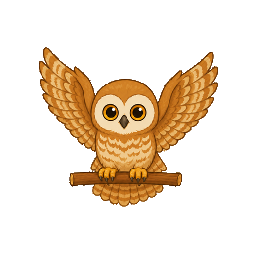両翼を上げて枝へ着地するフクロウの全身イラスト