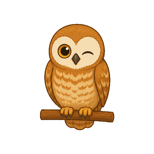 枝にとまって片目をつむるフクロウの全身イラスト