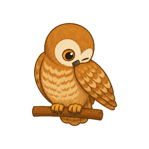 くちばしで翼を羽づくろいするフクロウの全身イラスト