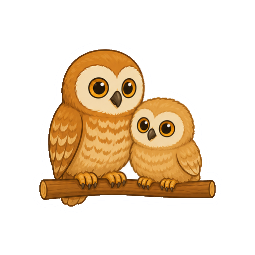 親フクロウとヒナが枝に並んで寄り添う全身イラスト
