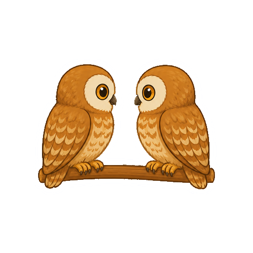 2羽のフクロウが同じ枝で向かい合う全身イラスト