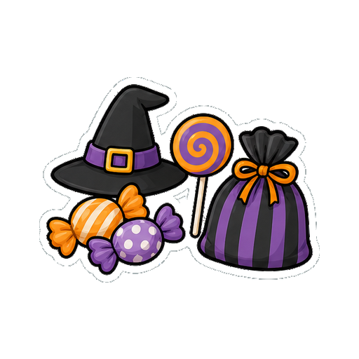 文字がない魔女帽子、キャンディ、ロリポップ、お菓子袋のセットアイコン