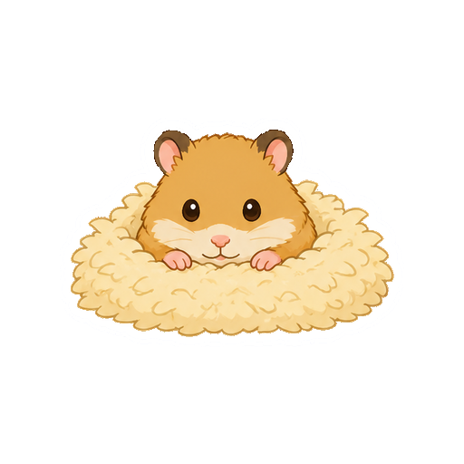 床材で作った巣から顔と前足を出すハムスターのイラスト