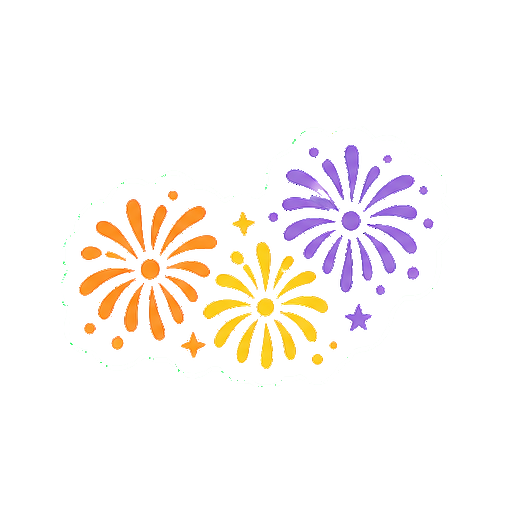 橙色、黄色、紫色の三つの花火が集まったアイコン