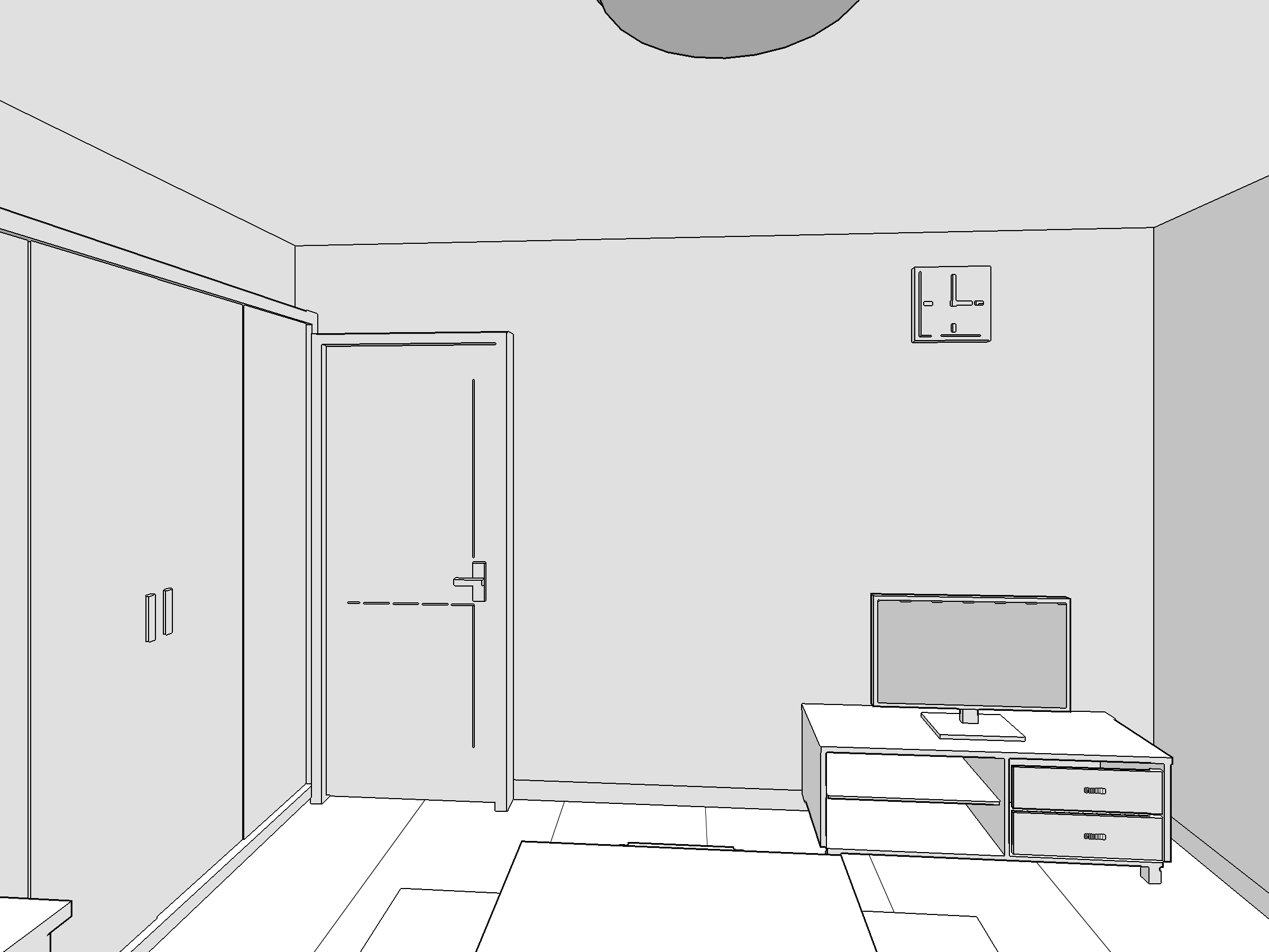 自分の部屋の背景イラスト。「窓際からドアの方」の視点で描いた、白地にグレーの陰影を付けた線画