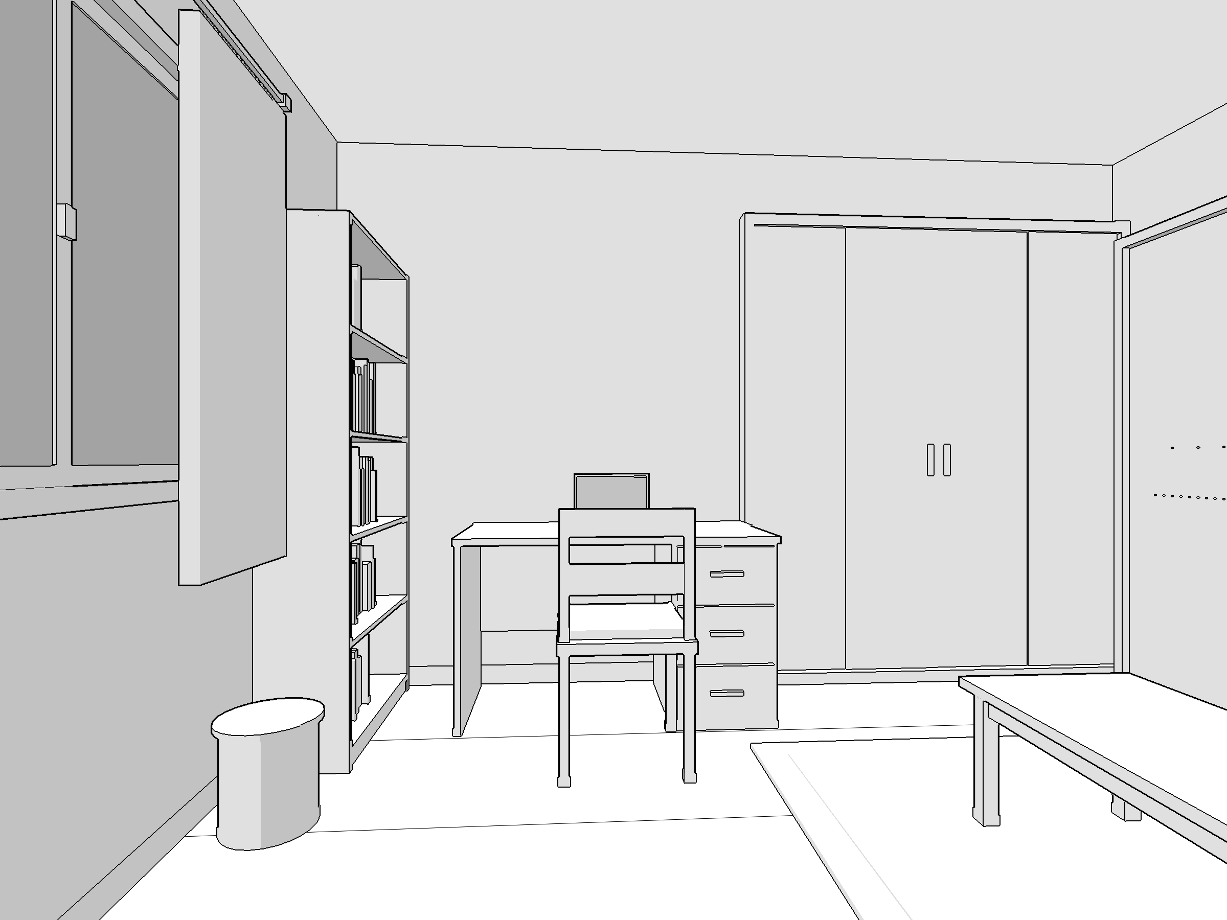 自分の部屋の背景イラスト。「ベッドに座って机」の視点で描いた、白地にグレーの陰影を付けた線画