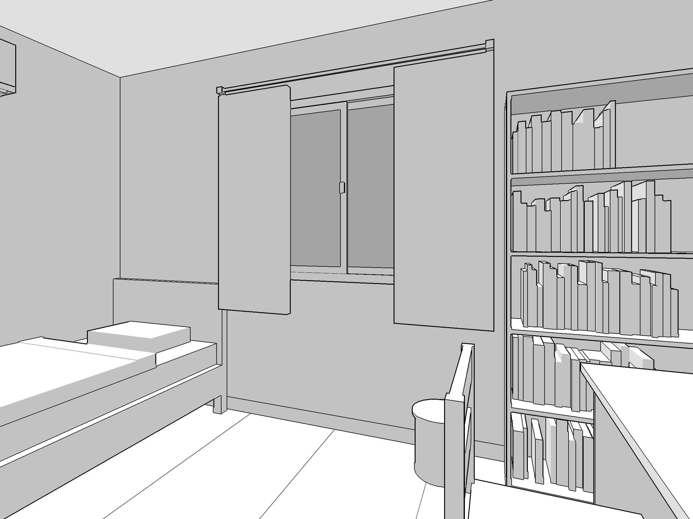 自分の部屋の背景イラスト。「机のそばから窓」の視点で描いた、白地にグレーの陰影を付けた線画