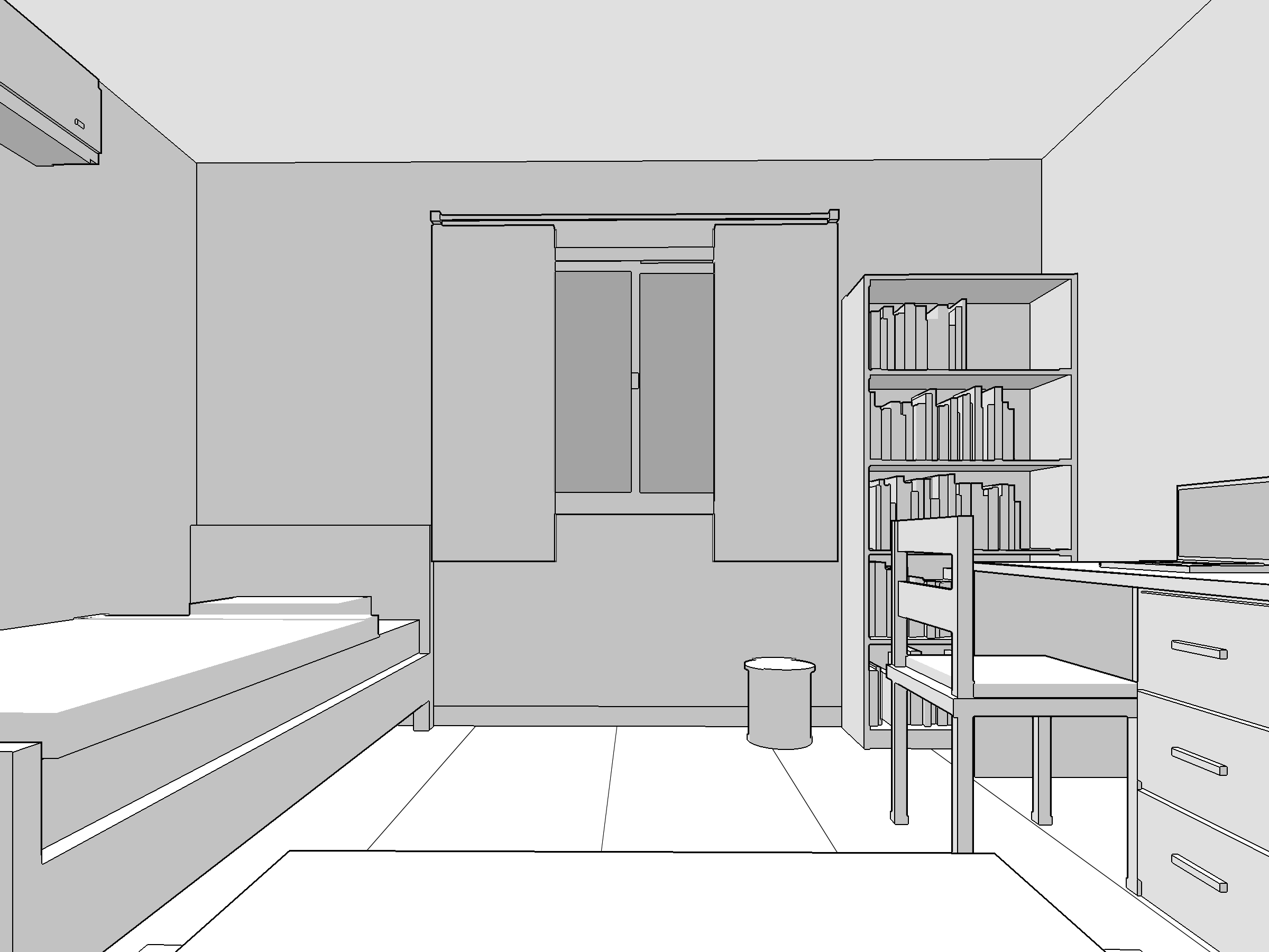 自分の部屋の背景イラスト。「床に座って部屋全体」の視点で描いた、白地にグレーの陰影を付けた線画