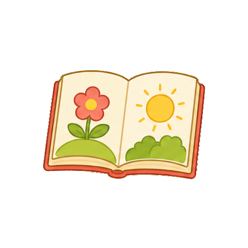 文字がない花と太陽の絵だけが見える絵本アイコン