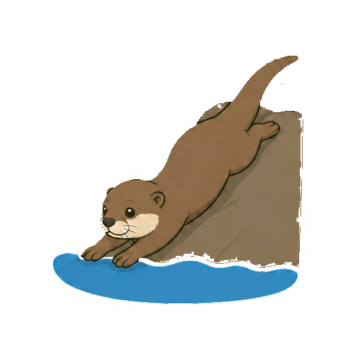 岸から水へ腹ばいで滑るカワウソの全身イラスト