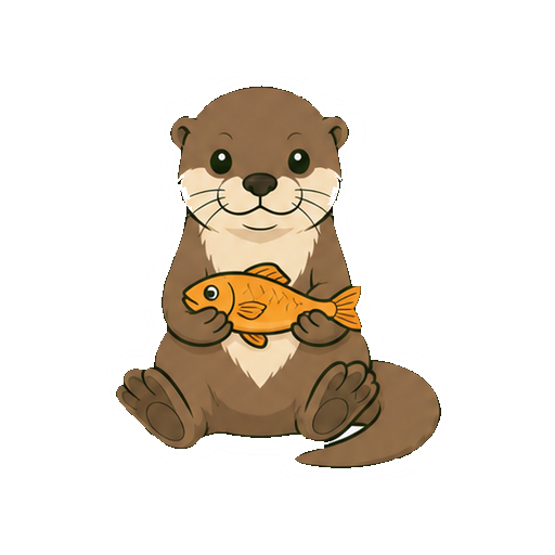 前足で小さな魚を持つカワウソの全身イラスト