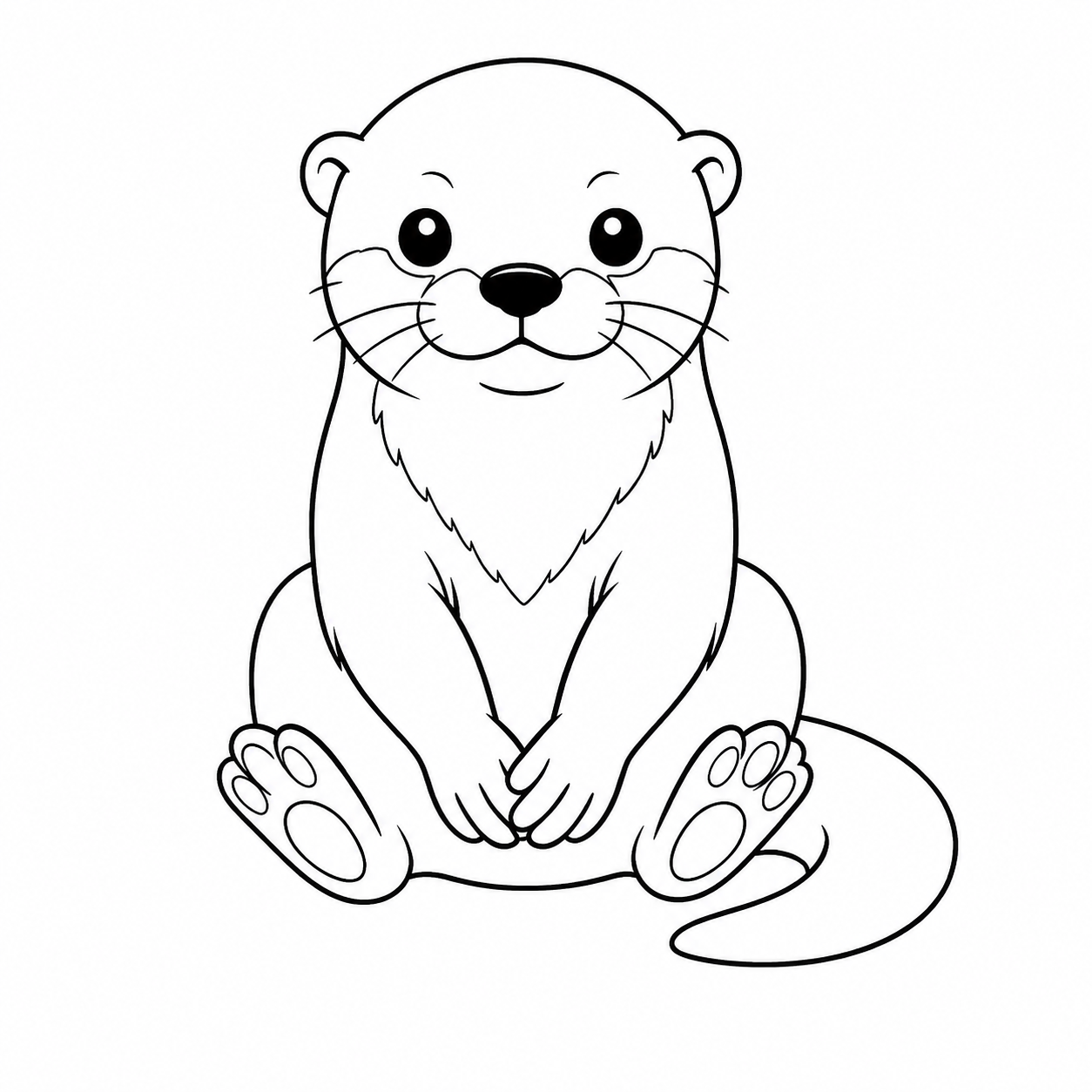 正面を向いて座るカワウソのぬりえ用線画（カワウソのイラスト・ぬり絵16枚）
