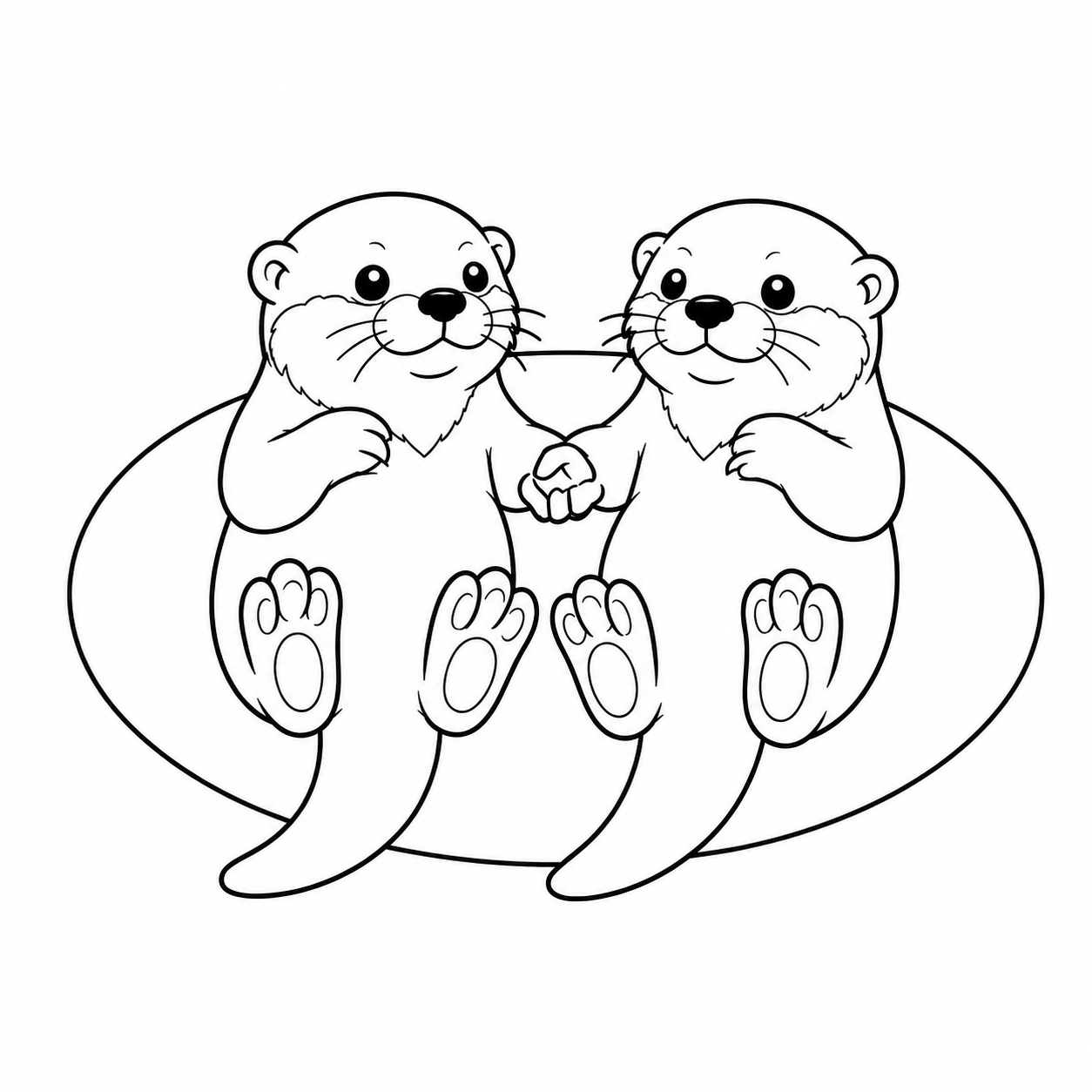 2頭で手をつないで浮くカワウソのぬり絵用線画