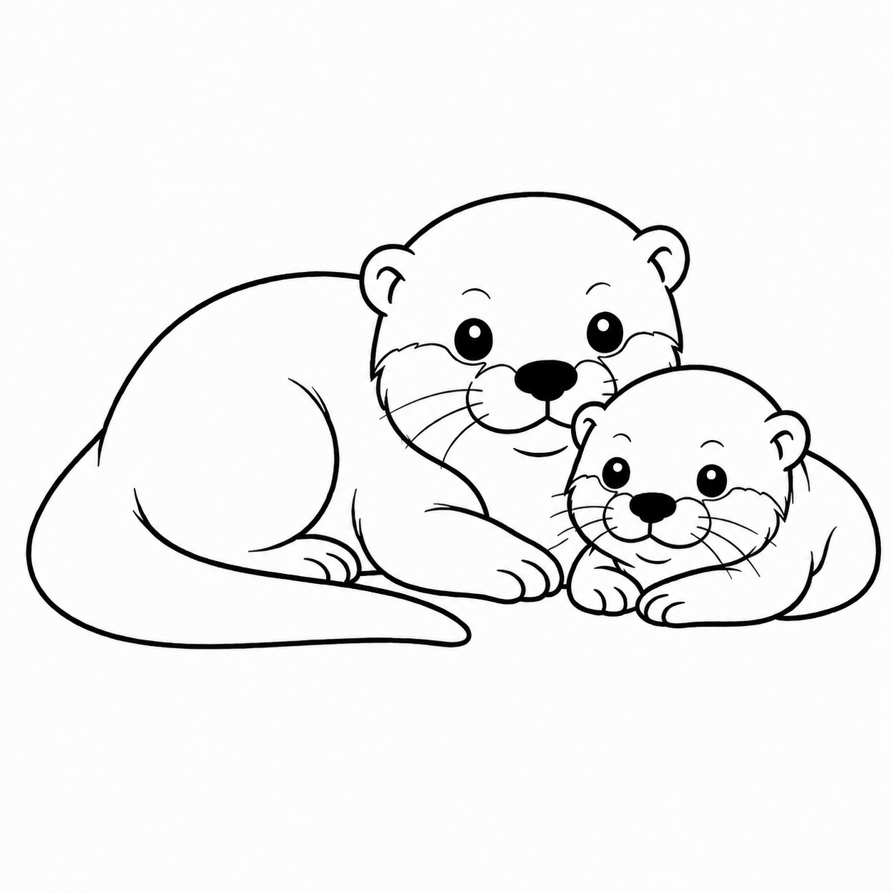 親子で寄り添うカワウソのぬり絵用線画