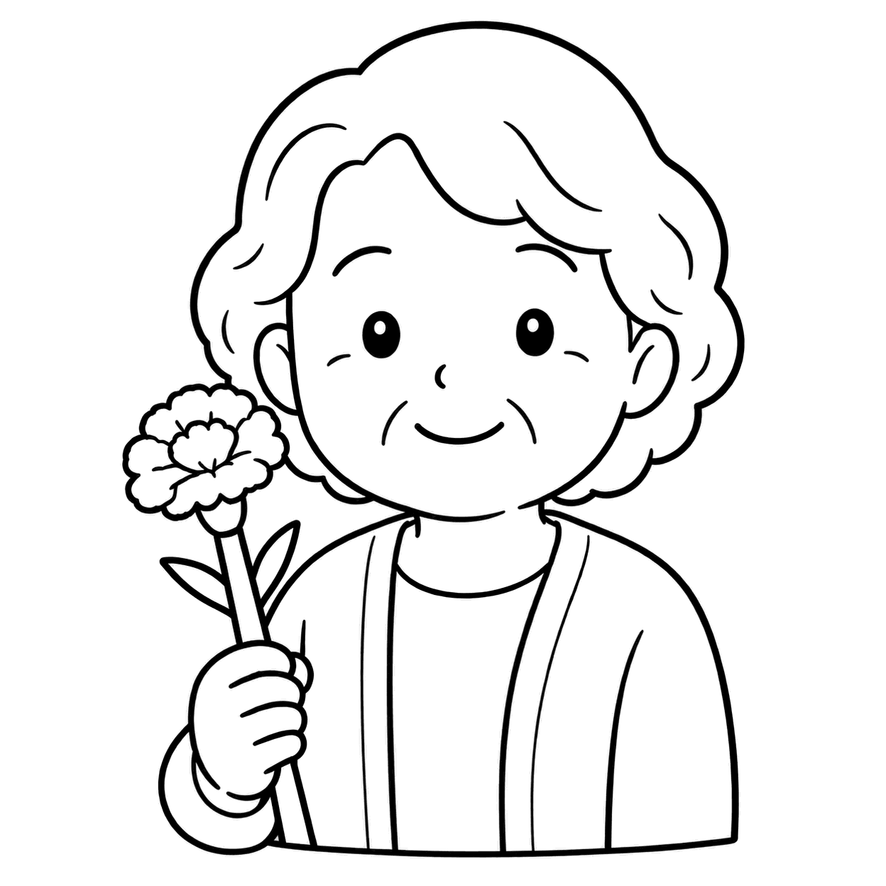 一輪の花を持つおばあちゃんのぬりえ用線画