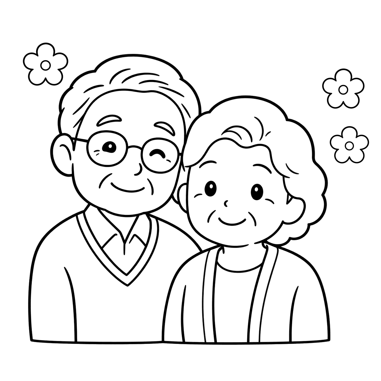 花飾りを添えた祖父母のぬりえ用線画