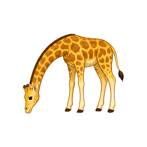 長い首を地面近くまで下げるキリンの全身イラスト