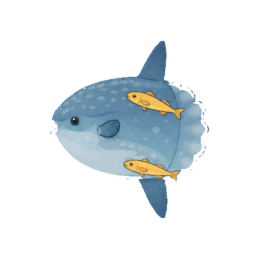 2匹の小魚に体を掃除してもらうマンボウの全身イラスト