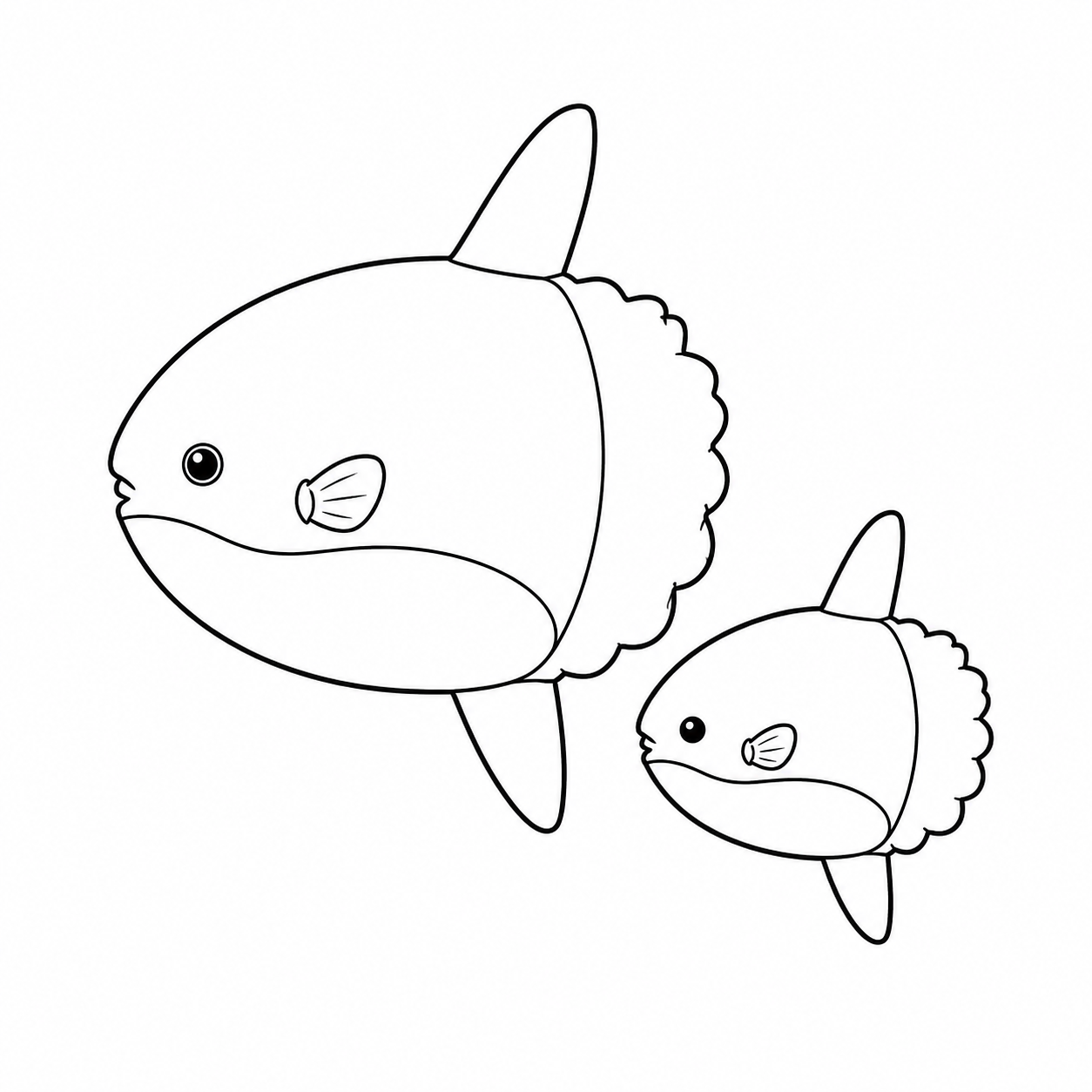 親子で並んで泳ぐマンボウのぬりえ用線画