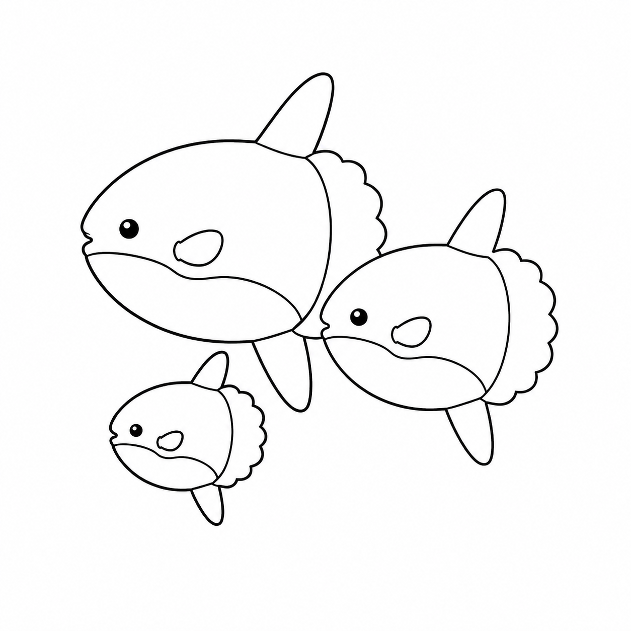 3匹で群れて泳ぐマンボウのぬりえ用線画