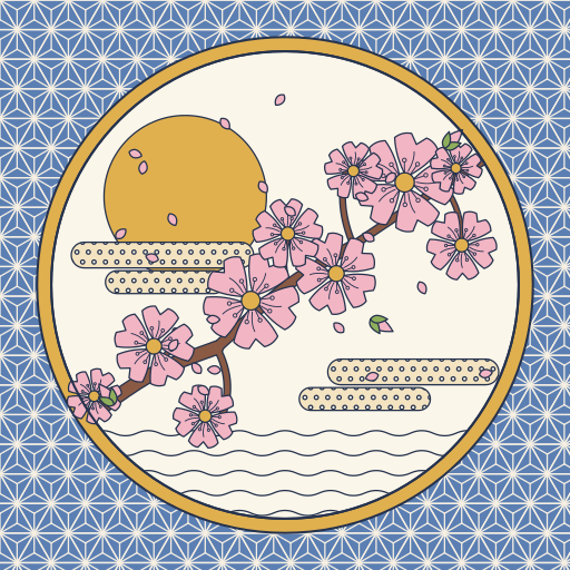 麻の葉の地に丸窓を開け、満月と霞、桜の枝を描いた和柄