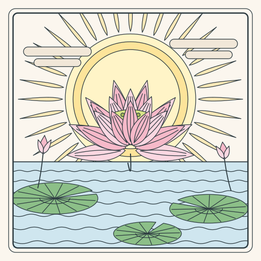 朝日を背に咲く蓮の花と、水面に浮かぶ葉