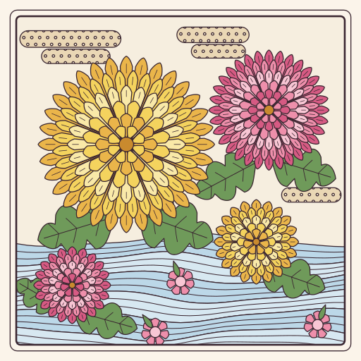 花びらを重ねた菊の花と、流れる水に浮かぶ菊