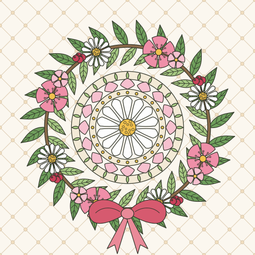 葉と花と実を輪にしてリボンを結んだ花のリース