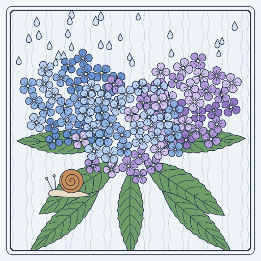 小さな花が集まったあじさいと、葉の上のかたつむり